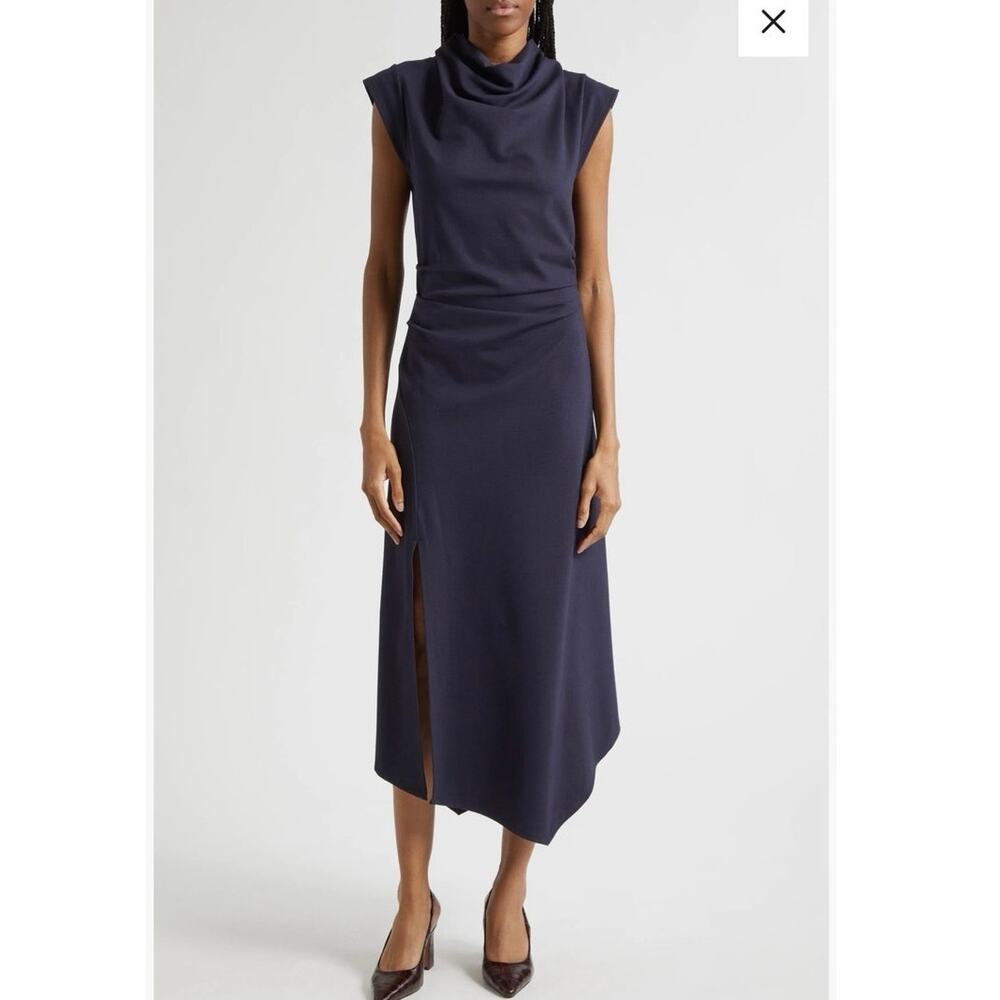 NWOT Women’s Reiss Harlan Ruched Cowl Neck Midi Dress in Navy SZ 2